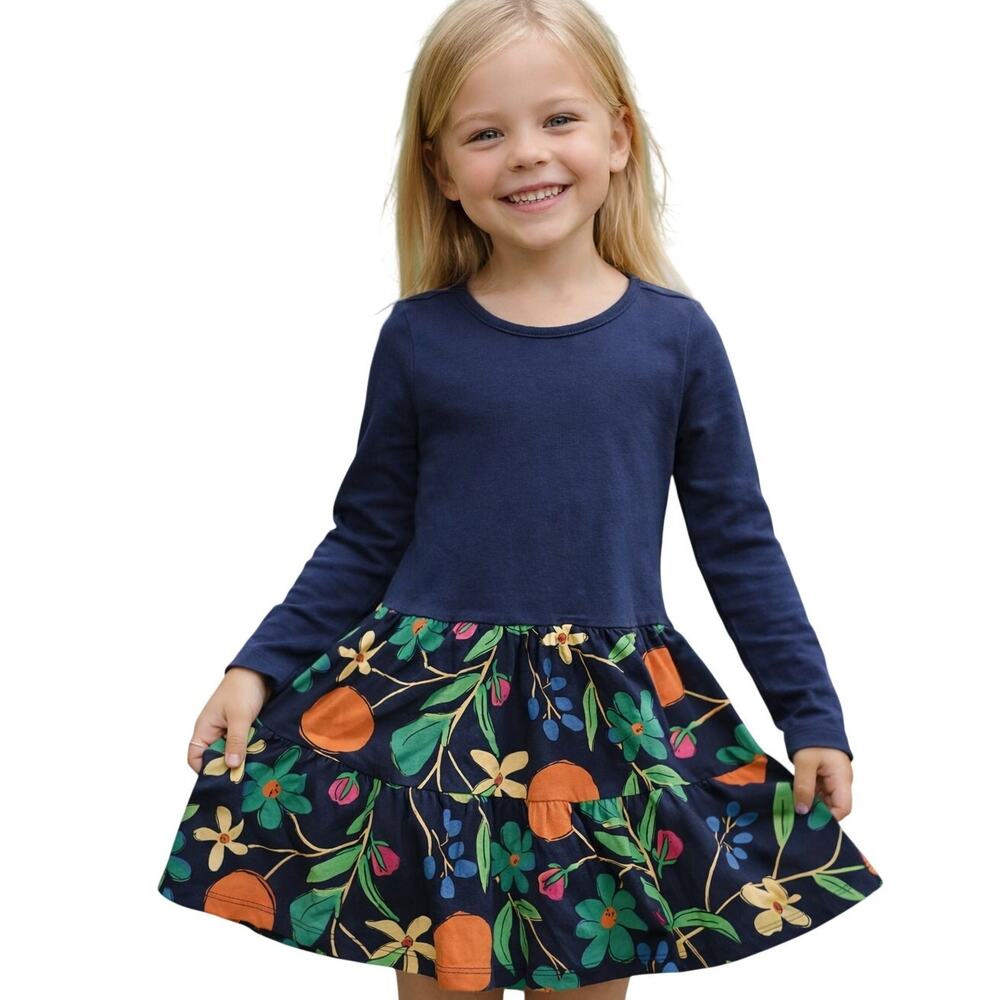 TEA Knit Dress Girls Size 6 Navy Top & Floral Fruity Skirt Long Sleeve Casual